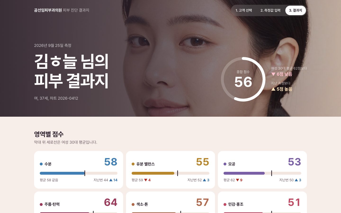 피부 진단 결과지 프로그램의 측정값 입력 화면